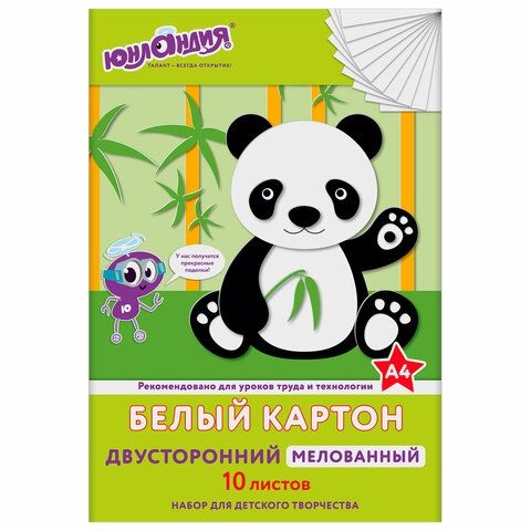 Картон белый А4 МЕЛОВАННЫЙ (белый оборот) 10 листов, в папке, ПАНДА, 200х290мм ЮНЛАНДИЯ